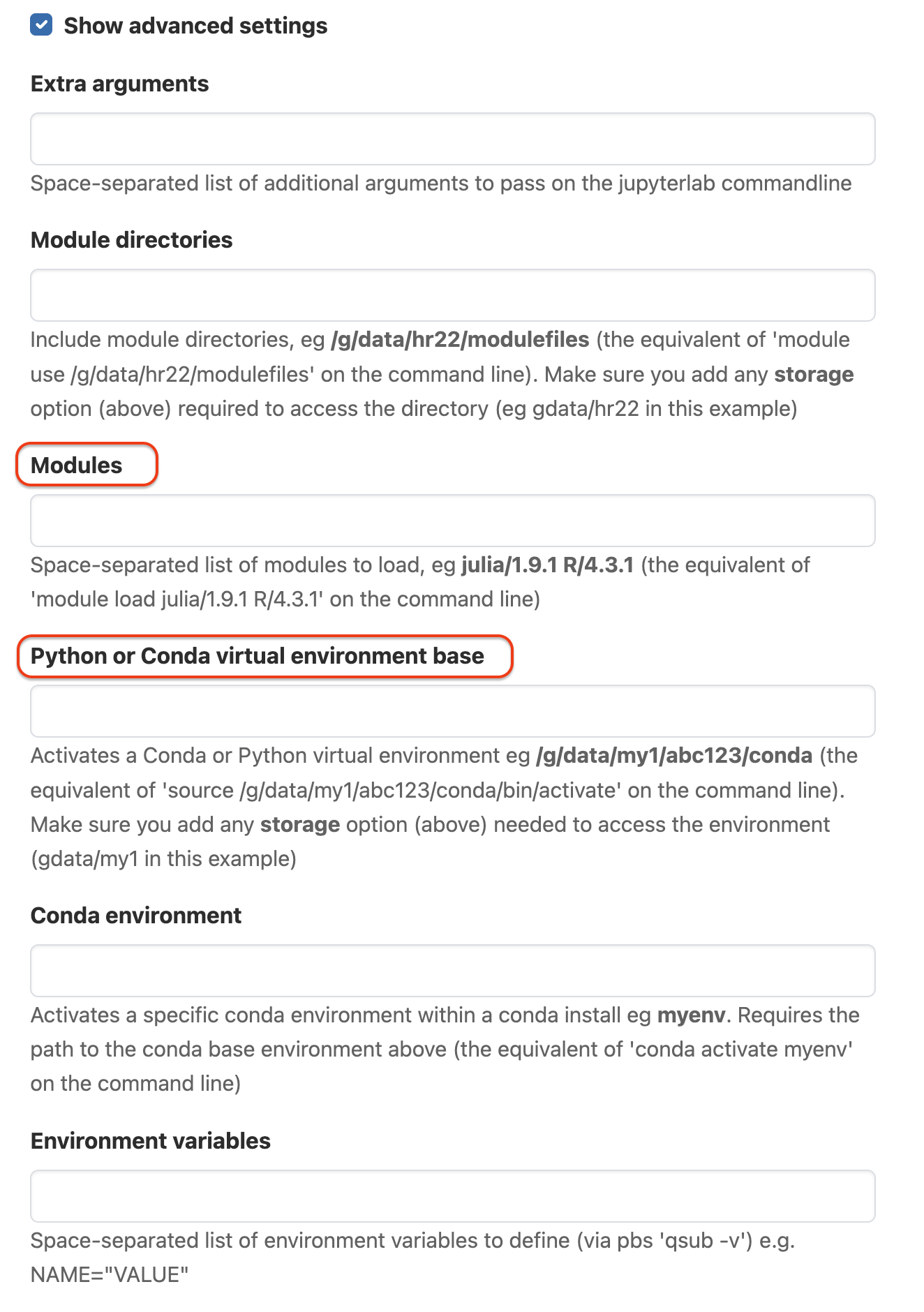 Advanced settings section