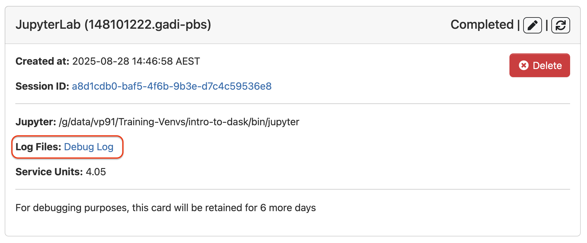 Debug Log link