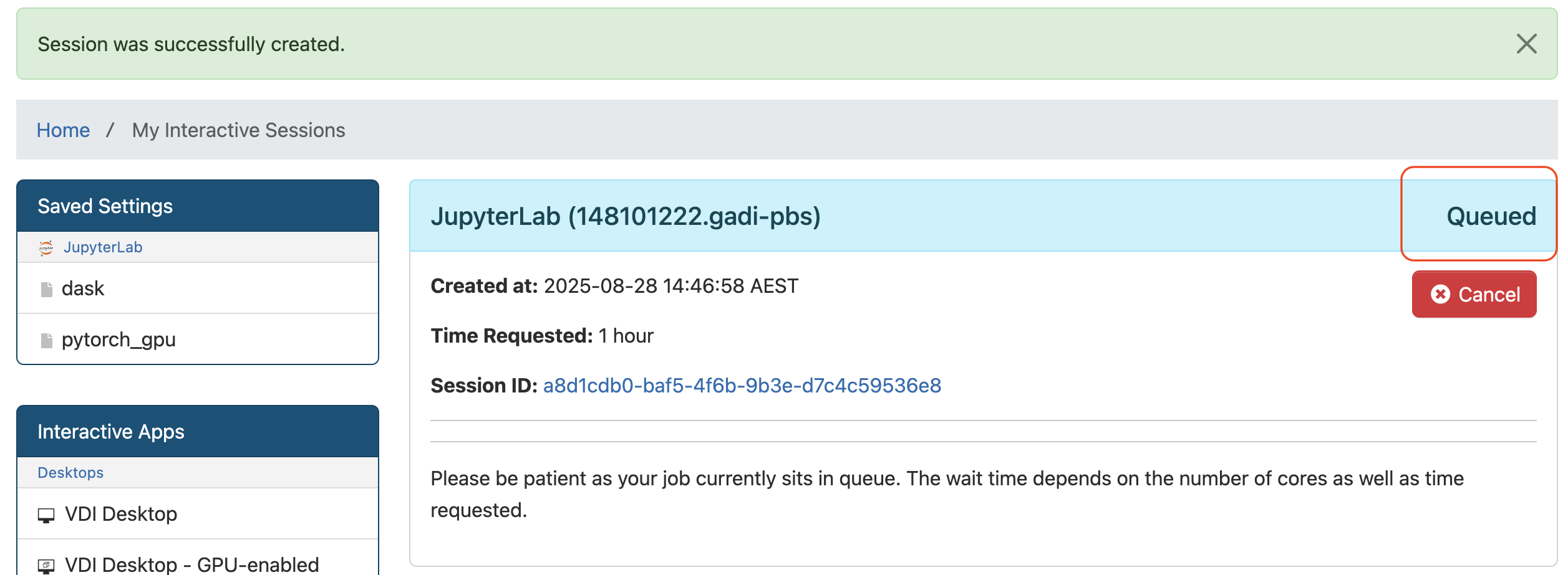 Session queued after launch