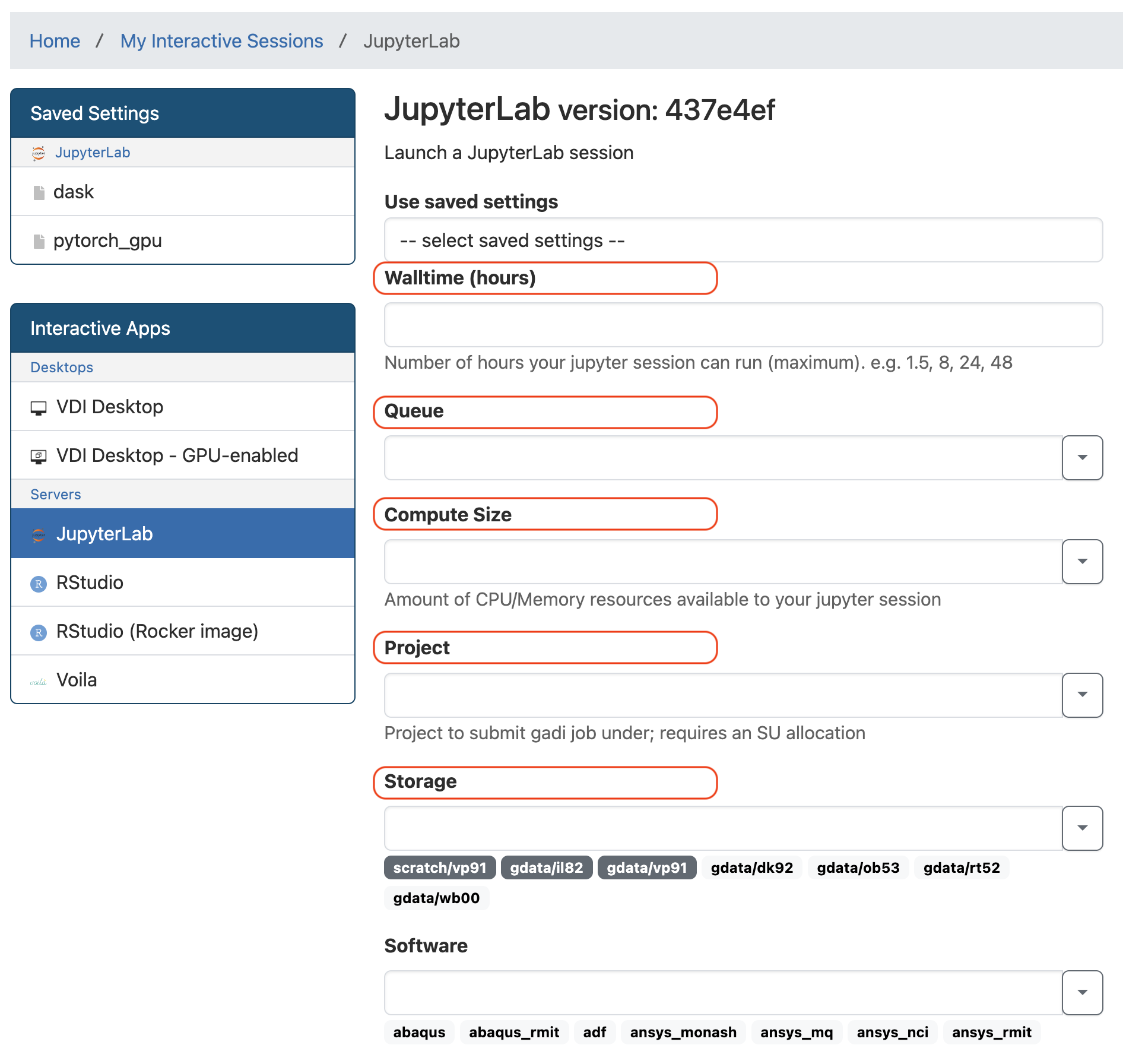 Setting page for JupyterLab session